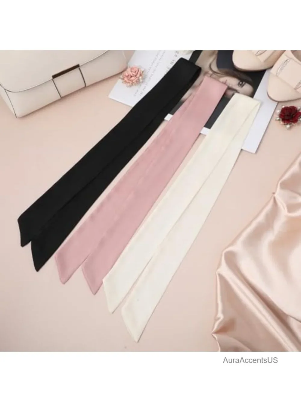 3-Piece Satin Long Neckerchief Scarf Multifunctional Skinny Scarf